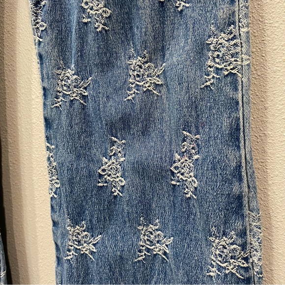 Vintage Flare Denim Midrise Jeans with Allover Embroidery Print Blue Medium Wash - Picture 7 of 7